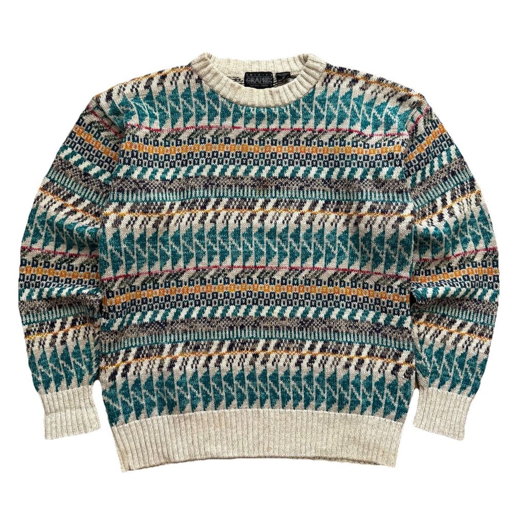 Vintage 90s Graphix Sweater XL (Fits M-L) Teal Geometric Knit Crewneck USA